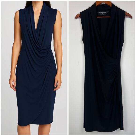 Norma Kamali Black Draped Surplice Midi Dress M Sleeveless Stretch Bodycon - Picture 3 of 11